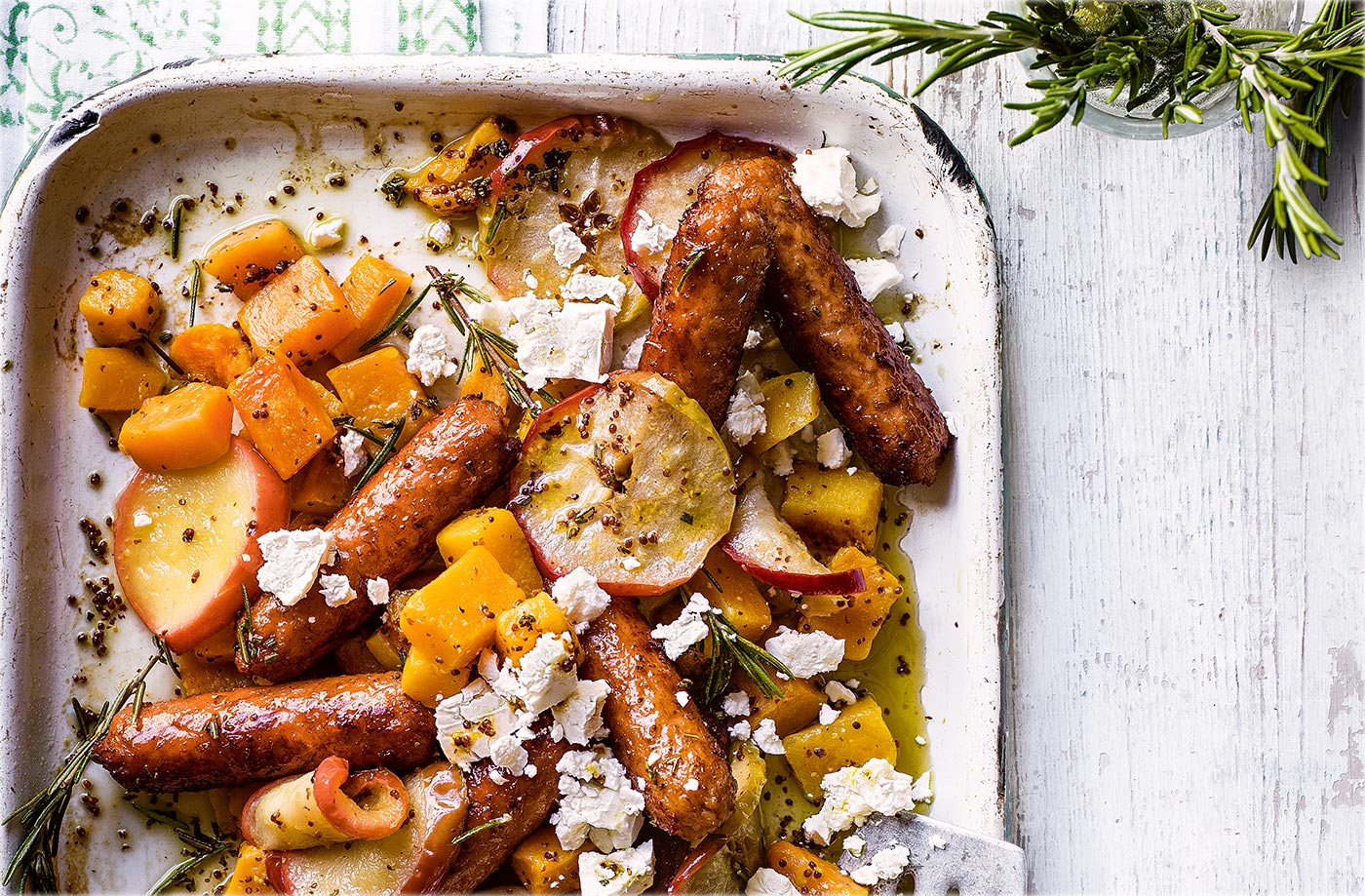 Veggie sausage and butternut squash traybake recipe