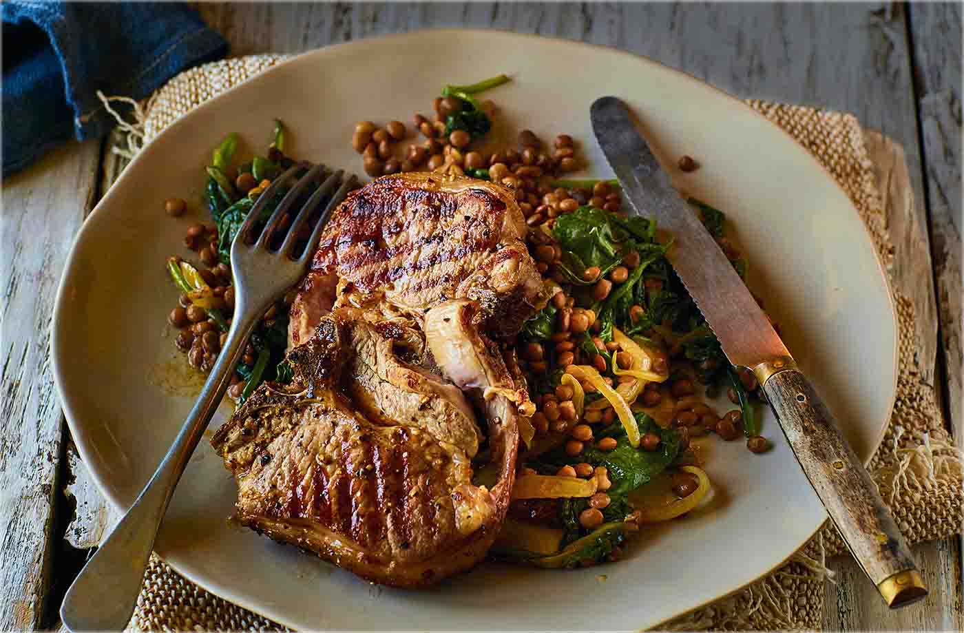 Caramelised onion and spinach lentils with peppered lamb chops recipe