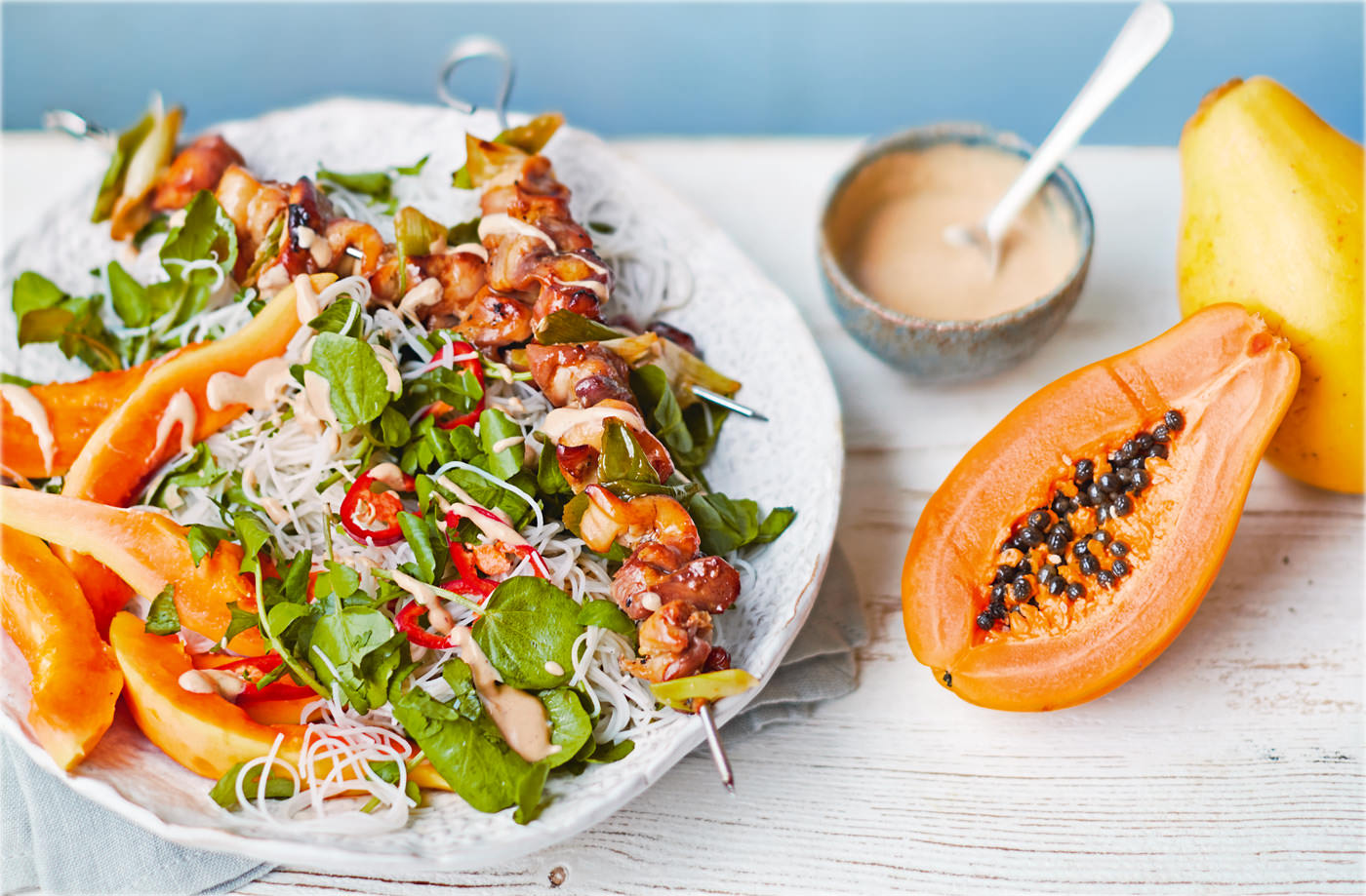 Caramelised chicken and papaya satay noodles recipe