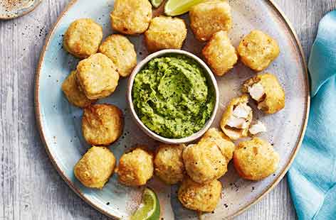 Whip up an easy dinner that the family will love in just 15 minutes by making the most of clever freezer shortcuts. Swap mushy peas for a vibrant pea and avocado dip with plenty of lime, coriander and a dash of chilli for the perfect accompaniment to golde