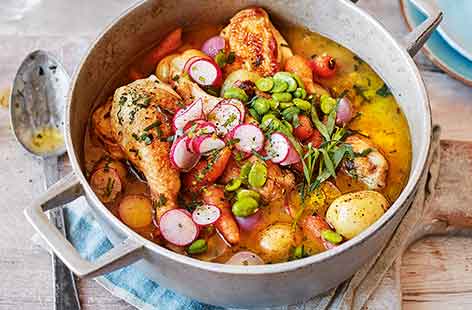 This weekend, try something different with your Sunday roast. Jointing a chicken before cooking makes serving up super easy, whilst braising the chicken rather than roasting achieves super succulent results.