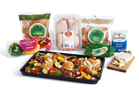 With colourful Mediterranean veg, roasted baby potatoes and crumbly Greek salad cheese, this easy chicken traybake recipe is perfect for midweek family dinners.