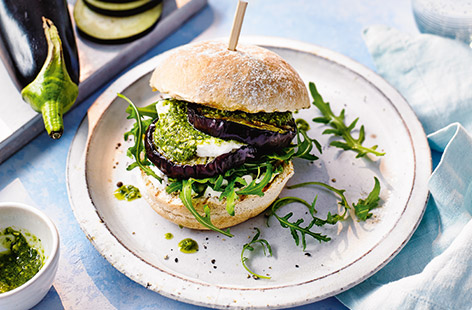 These easy vegetarian burgers are stacked with griddled aubergine, creamy goat's cheese and tangy pesto, perfect for barbecues and meat-free dinners.