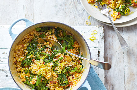 This chorizo risotto recipe with leeks, spring greens and zesty lemon is the ultimate healthy family dinner