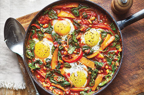 For an easy one-pan vegetarian breakfast or dinner, try this speedy baked eggs and bean recipe, using budget-friendly baked beans and colourful peppers.