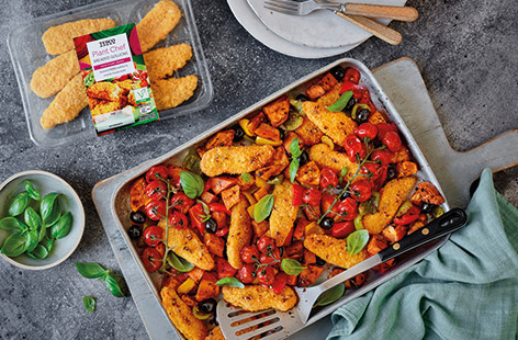 For a one-pan family meal, try this Mediterranean goujon traybake. Swap chicken goujons for Tesco Plant Chef breaded goujons and roast with sweet potatoes, peppers, olives and juicy vine tomatoes as an easy vegan dinner.