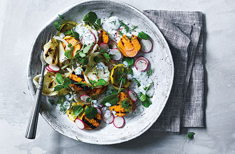 Charring veg on the barbecue adds a whole new level of flavour. In this barbecued salad fennel, lemon and sweet potato are transformed with a few minutes on the grill and finished with a light buttermilk dressing for a perfect vegetarian barbecue option.