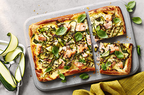 Make the most of courgettes whilst they are at their seasonal best with this pretty summer tart ¬– perfect for easy entertaining. Griddling the ribbons of courgettes adds extra smoky, charred flavour for a delicious contrast to the creamy mascarpone base.