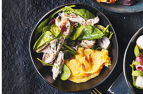 With tasty roast chicken, tart cranberries and earthy root veg mash, this super easy spinach bowl is ideal for a speedy lunch or to hand round at parties. Using a few time-saving shortcuts and a punchy mustard dressing made with just three ingredients, you