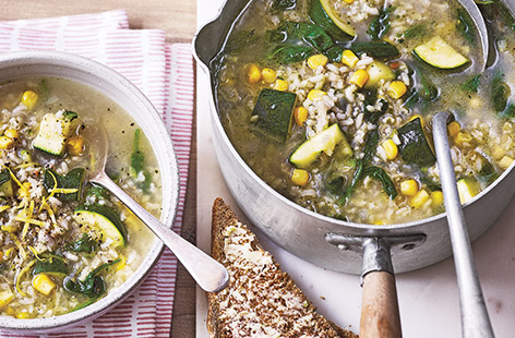 With colourful sweetcorn and zesty lemon, this courgette soup recipe with hearty brown rice makes a wonderfully comforting dinner or lunch idea