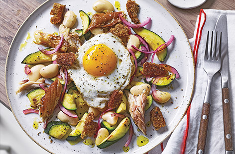 For an easy dairy-free dinner that's ready in under 30 minutes, try this colourful mackerel salad recipe with pickled red onion, tender courgettes and hearty butter beans