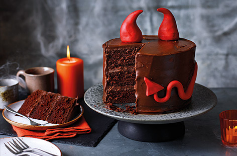 Your Halloween party will be complete with this truly spook-tacular Devil's food cake! Three layers of moist chocolate sponge are sandwiched with rich, dark chocolate ganache for a really indulgent treat