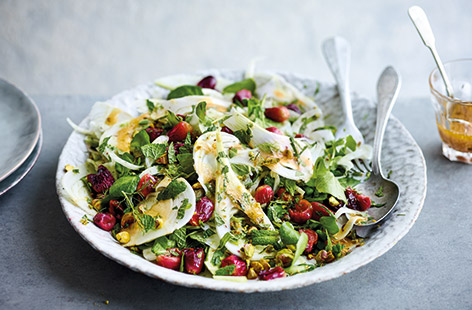 Try this elegant fennel salad for a fresh starter or side dish to impress friends and family. The unusual combination of flavours and textures really works: sweet roasted grapes, fragrant fennel and crunchy pistachios.