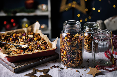 Start Christmas Day with a festive twist on homemade granola, spiced with cinnamon and orange and packed with cranberries, apricots, almonds and pumpkin seeds. 