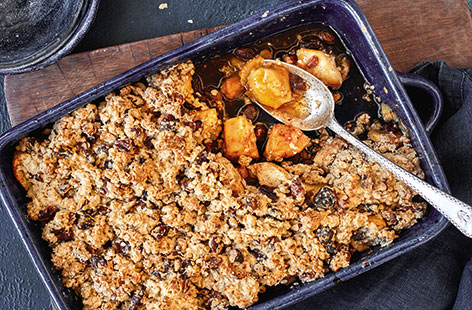 This vegan apple crumble recipe is dairy- and gluten-free, and packed with tart Bramley apples, warming cinnamon and juicy sultanas.