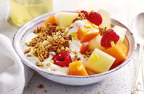 Try this colourful melon and raspberry breakfast bowl for a fresh and summery way to start the day. Infused with lemon and fiery root ginger, the sweet melon is the perfect pairing to crunchy granola and creamy Greek yoghurt.