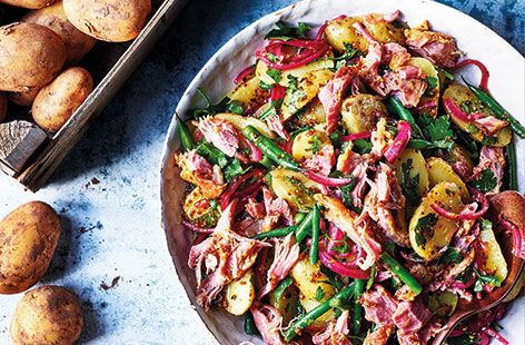 Revamp classic potato salad with tender gammon, green beans, lightly pickled onions, and a quick honey-mustard dressing for a winning spring lunch or dinner