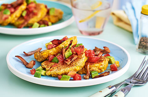 These sweetcorn pancakes, topped with crisp bacon, tomato and avocado, are not only packed with flavour, but they are great for getting little ones in the kitchen. On the table in less than half an hour, this super easy supper is also even healthy