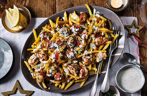 Pile up these loaded fries for a special Christmas party snack – perfect for sharing with a crowd. Crisp Cajun spiced fries are topped with tender lobster tossed in garlic butter and drizzled with tangy lemon mayo – dig in to grab a bit of everything.