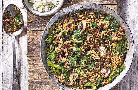 Risotto is a wonderfully versatile dish – this gluten- and meat-free version channels the nutty flavours of a classic Italian porcini mushroom risotto but with a tasty Greek feta twist.