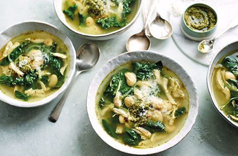 Forget hours of simmering, this simple chicken soup recipe is ready in under half an hour – showing just how quick and easy homemade soup can be. Soothe the soul with a bowl filled with tender poached chicken, butter beans and spinach in a herby broth.