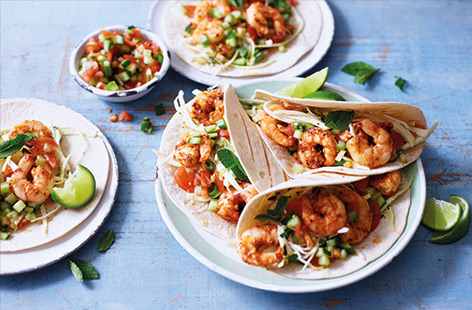 These gorgeous prawn tacos combine a classic Cuban mojito cocktail with spicy Mexican street food for a summer mash-up that everyone will love. Perfect for cooking on a barbecue (or indoors), these easy tacos are cooked in minutes on the barbecue.
