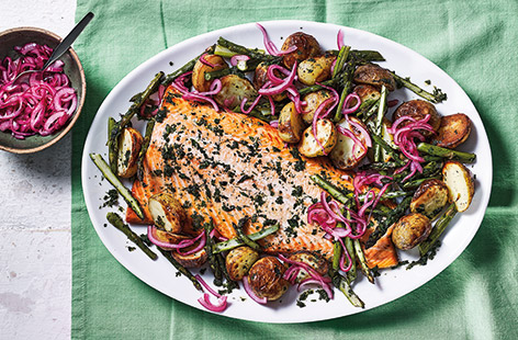 This one-tray roasted salmon recipe is a great way to celebrate spring flavours and is an inspiring alternative Easter lunch idea
