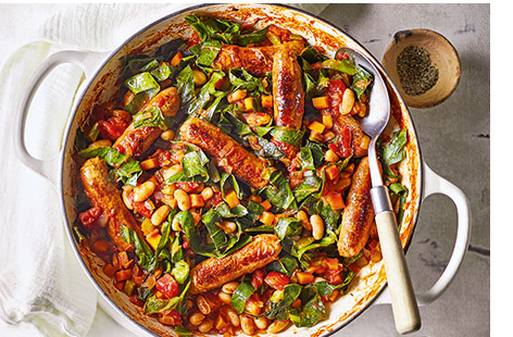 Packed with hearty veg, fresh greens and juicy sausages, this casserole is the perfect dinner for colder nights and great for making ahead and freezing