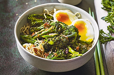For a speedy vegetarian dinner, check out this easy noodle recipe with seasonal stir-fried Tenderstem broccoli, sesame seeds and a golden soft-boiled egg