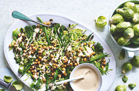 Not just for Christmas Day, try Brussels sprouts in this healthy shredded sprout and chickpea salad. With a creamy maple-tahini dressing, spiced toasted chickpeas and tender broccoli and beans, this is a delicious and easy way to get your daily veg.