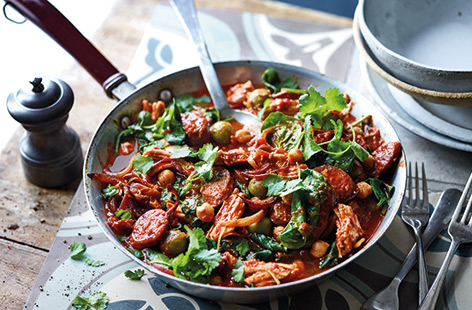 Transform your Christmas leftovers into a North African-inspired turkey stew, filled with spicy chorizo, chickpeas and olives.