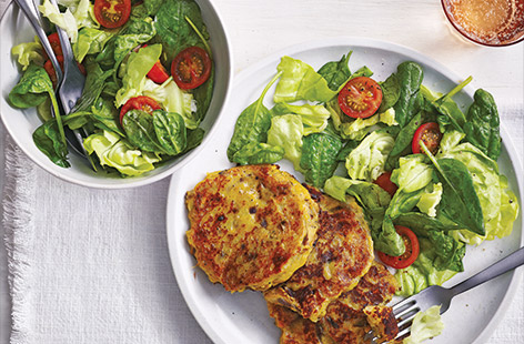 Mashed sweet and white potatoes form the basis for this savoury pancake recipe. Plenty of crushed garlic and a generous crumble of tangy blue Stilton are what make the pancakes so moreish while a simple side salad adds a pop of colour to your plate.