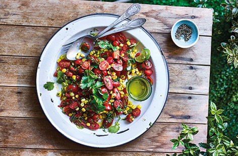 This speedy, fresh salad is perfect for barbecues and summer picnics. No cooking is involved – just stir the crisp and colourful mix of juicy tomatoes and sweetcorn together. 