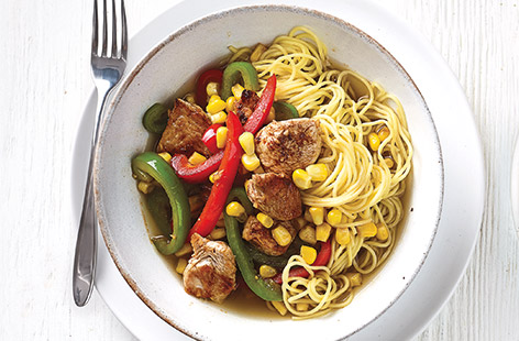 For a quick kids' dinner or lunch idea, try this easy turkey noodles recipe with peppers and sweetcorn