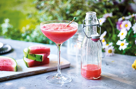 Throw a summer party with a batch of these totally irresistible blended frozen watermelon margaritas. Using frozen watermelon balls means this easy cocktail recipe takes just five minutes to whizz together.
