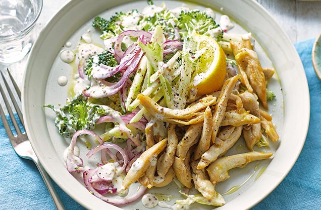 Tuesday: Lemon and garlic chicken strips with broccoli slaw