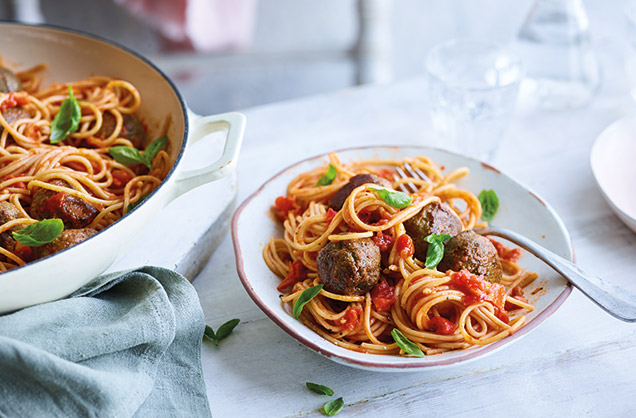 Aubergine vegballs with tomato sauce
