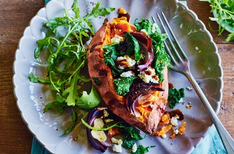 Sweet potatoes are great for baking, roasting and mashing – try baking until crisp and simply stuffing with crunchy kale, fragrant spices and creamy feta cheese