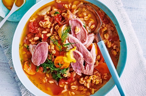Thick-cut smoked ham and hearty pearl barley combine with fragrant herbs in this delicious, flavourful one-pot recipe. Serve with steamed greens for the perfect meal to keep the winter chills at bay