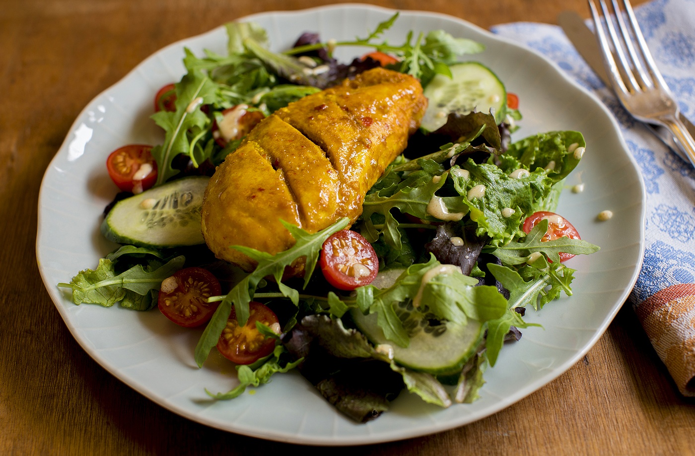 Spicy glazed chicken with a curry salad dressing recipe