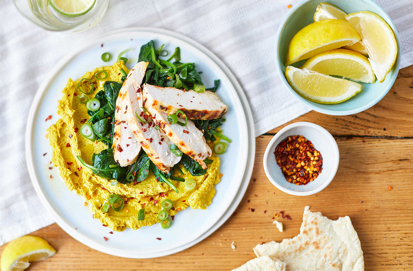 Grilled chicken with spinach and curried houmous recipe