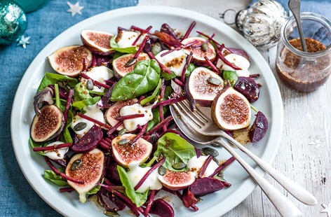 A light, refreshing salad recipe with fresh figs, tangy goat's curd and earthy beetroot.