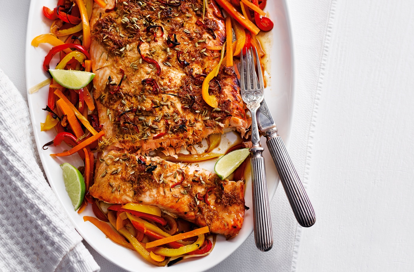 Asian-spiced salmon with rainbow veg recipe