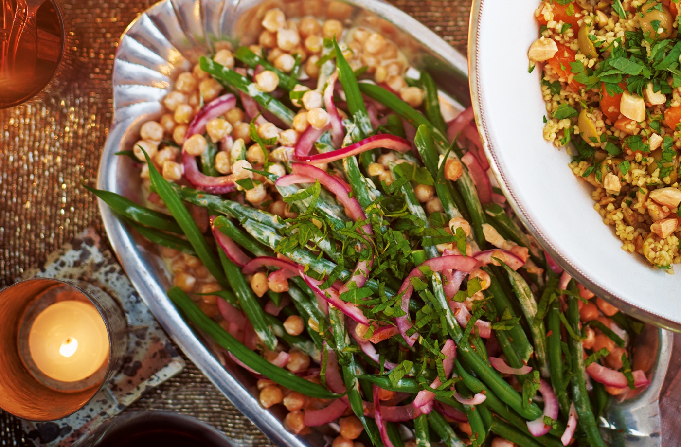 Green beans with chickpeas, red onion and cumin-spiced yogurt recipe