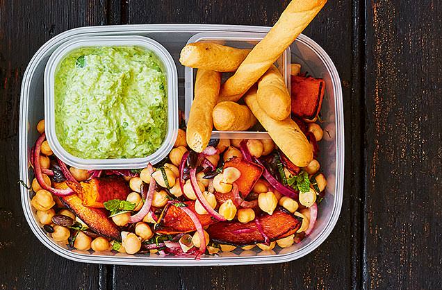 Butternut salad with pea and goat’s cheese dip