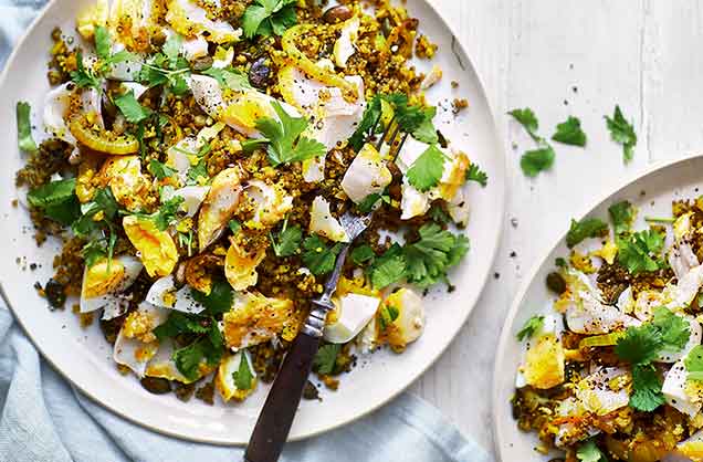 This twist on kedgeree swaps the usual rice for cauliflower couscous and red and white quinoa. These are combined with the traditional smoked haddock and boiled eggs for a lighter brunch dish that is just as delicious as the original.