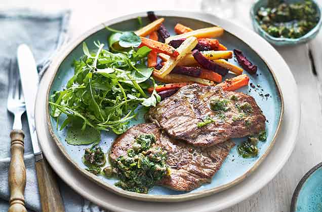 A vibrant herby salsa verde, made with fresh basil and parsley, is the perfect match for a juicy steak. Serve with rainbow root vegetable chips for a colourful healthy side dish.