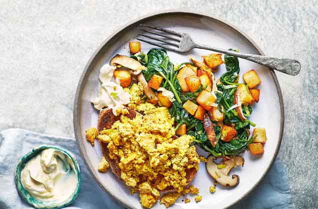 Tofu scramble with potato, spinach and shiitake hash