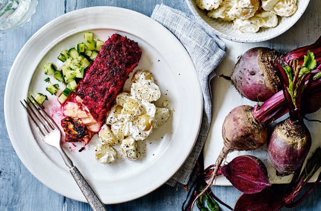 Beetroot salmon with potato salad and cucumber pickle recipe