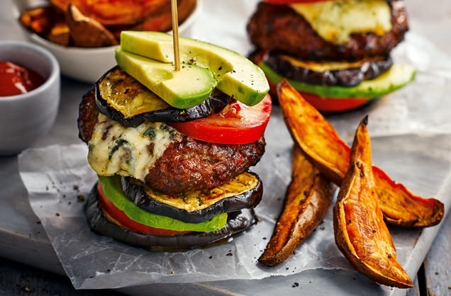 Beef and chorizo stack with sweet potato wedges recipe